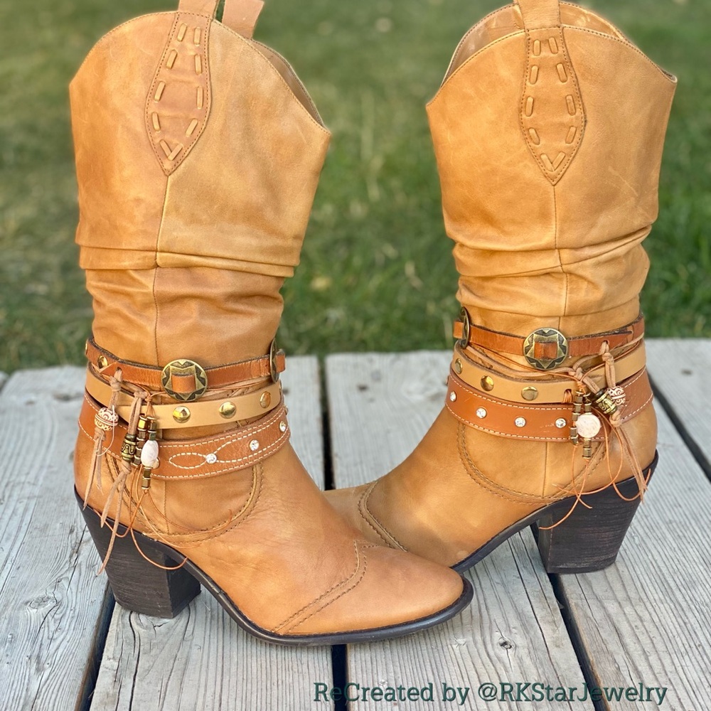 Size 7.5 Tall Tan Slouch Heeled Cowgirl Western Boots Womens Cowboy Leather